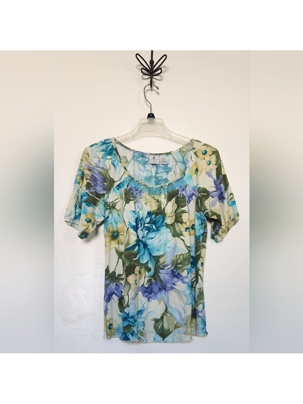 Caribbean Joe M Petite Women’s Multicolor Floral Top Embroidered Pleated…